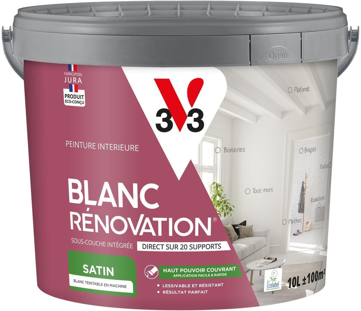 V33 Peinture blanche mur et plafond satinée - multi-​supports - monocouche - BLANC RENOVATION®, 10L