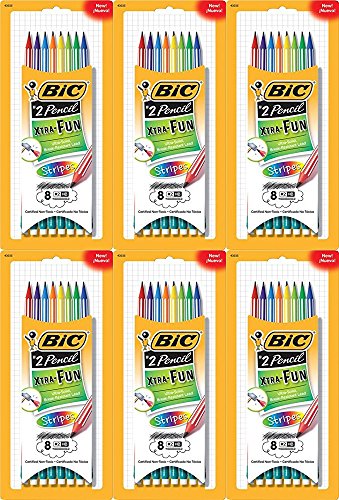 Bic Xtra-Fun Stripes Pre-Sharpened Wood-Cased Pencils with Erasers, #2, Assorted Barrel Colors, Case of 48 (43035)