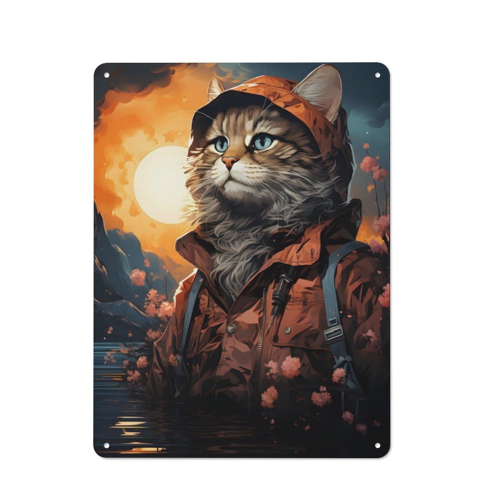 Vintage Tin Sign 40x30cm with Fisherman Cat on A Lake for Café Or Restaurant, Suited to Wall Displays in Cafés And Restaurants
