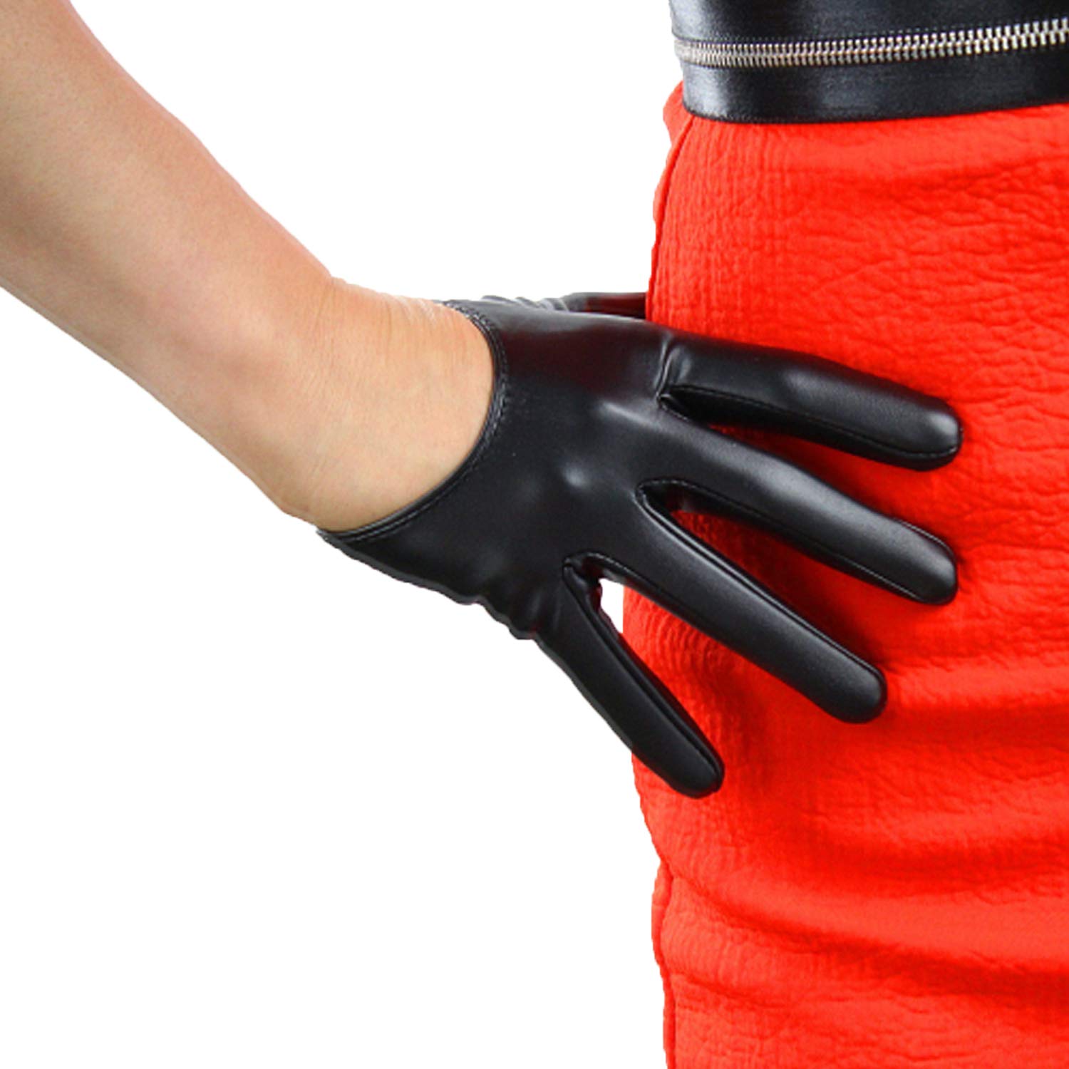 DooWayWomen's Black Half Palm Leather Gloves 13cm 5" Extra Short Faux PU for Motorcycle Driving Cosplay Costume Party