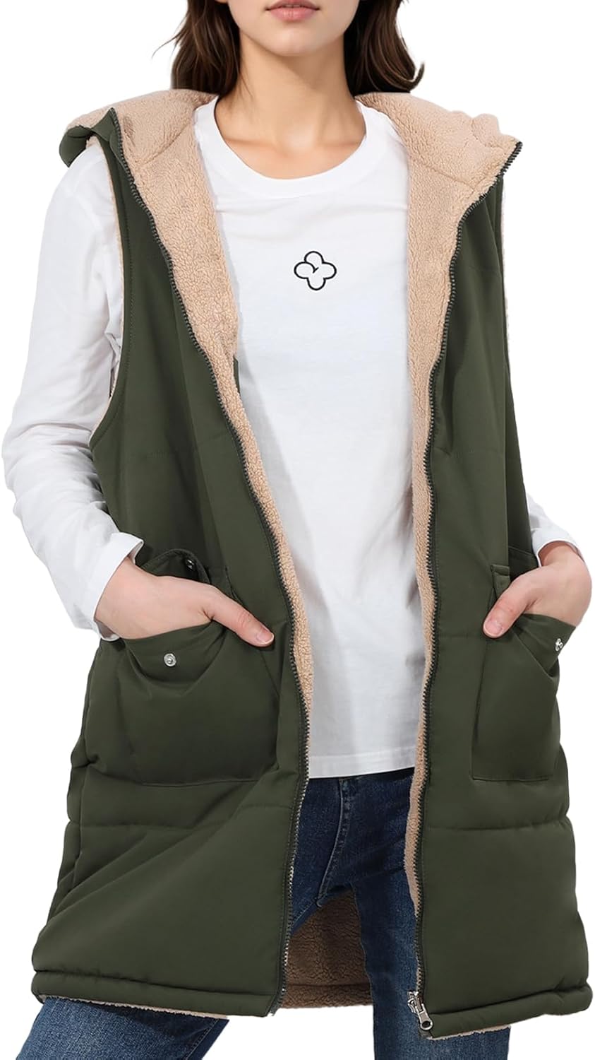 Fecialy Fall Long Vest for Women Sleeveless Reversible Fleece Sherpa Jacket Zip Up Warm Winter Coat Outerwear Vests