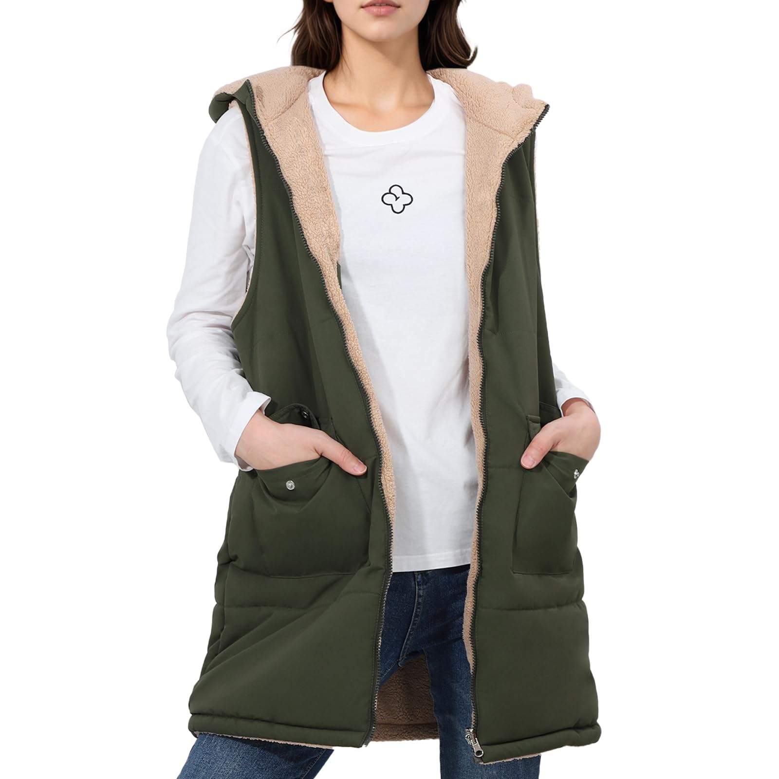 Fecialy Herbstliche lange Weste für Damen ärmellos wendbar Fleece-Sherpa-Jacke Reißverschluss warmer Wintermantel Oberbekleidung Westen