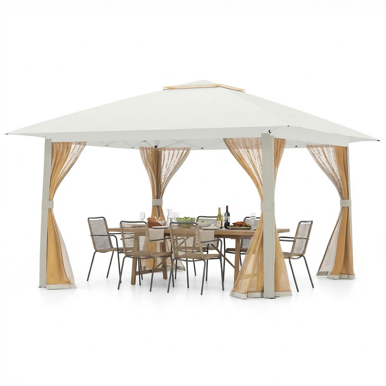 COSTWAY Tonnelle de Jardin Pop-Up 4 x 4 M, Tente de Reception Pliable avec Moustiquaire et Toit Double Sac de Transport, Abri Solaire Facile à Installer pour Terrasse Pelouse (Beige)