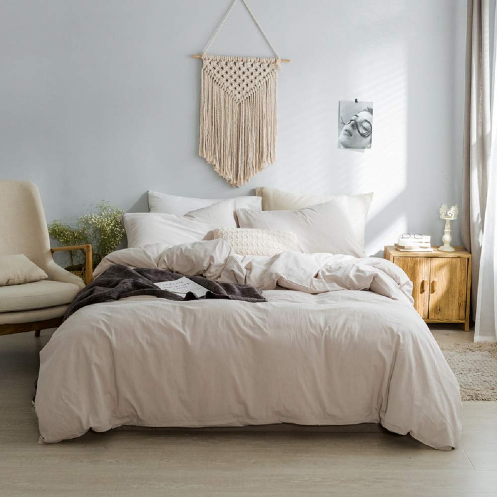 Beige Duvet Cover, 100% Yarn Dyed Washed Cotton 3 Pieces Bedding Set, queen (similar to stock photo) 