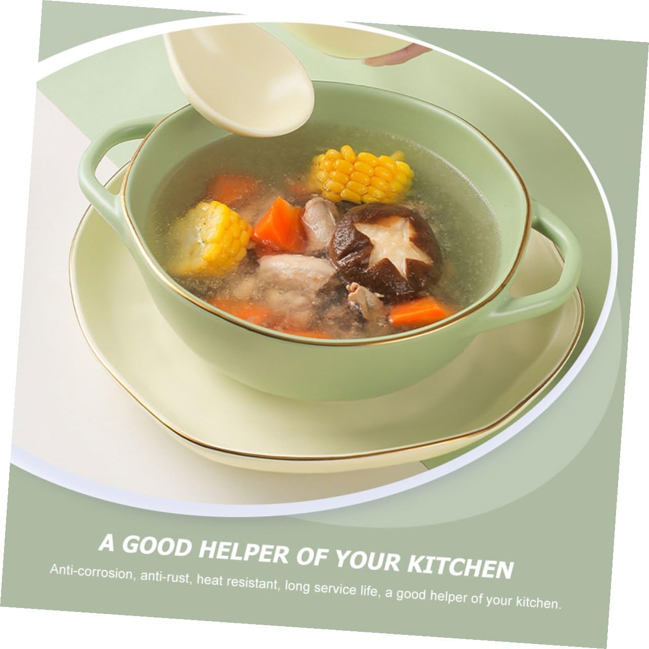 Ceramic Double Handle Salad Bowl and Soup Serving Dish, Matcha Green Baking Dish for Kitchen, Microwave and Oven Safe, for Salad, Soup, and Noodles