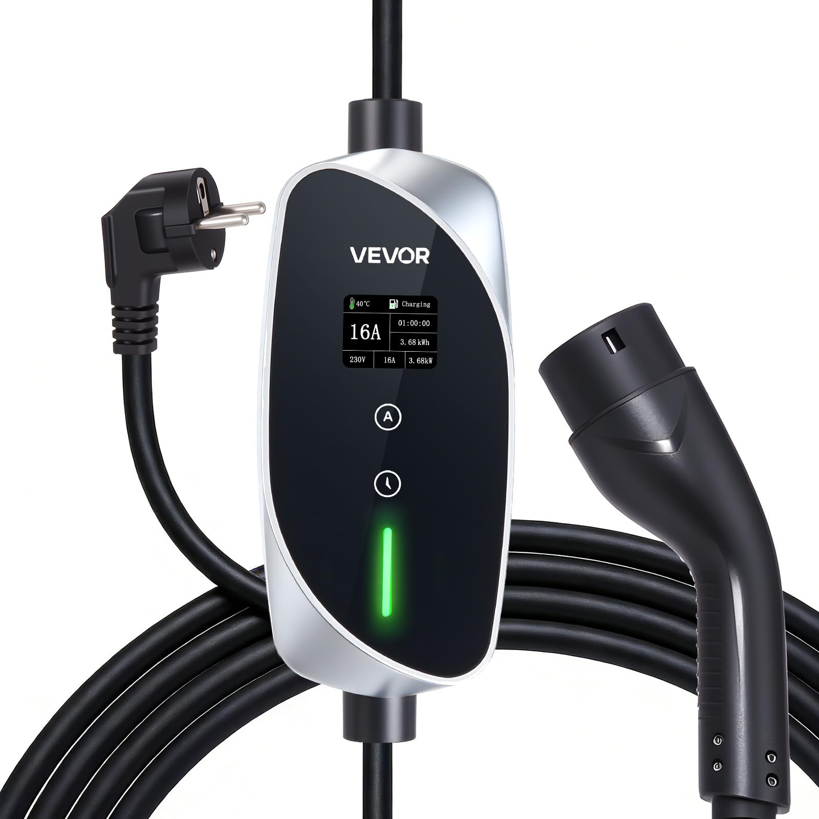 VEVOR Przenośna elektryczna ładowarka samochodowa 3,6 kW 16 A, przenośna kolumna do pojazdów elektrycznych typu 2 jednofazowa stacja ładująca z kablem ładującym 6 m wtyczka Schuko 16A ekran LCD