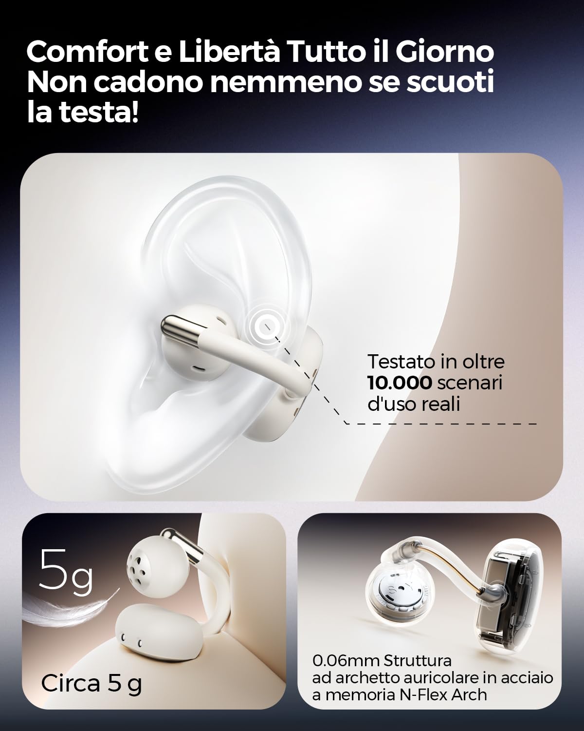 SoundPEATS Clip1 Open-Ear Auricolari, con Hi-Res e LDAC, Audio Dolby, Autonomia di 40 Ore, Ricarica Rapida, Bluetooth 5.4, Connessione Multipla, IPX5, Rilevamento Uso, PeatsAudio APP