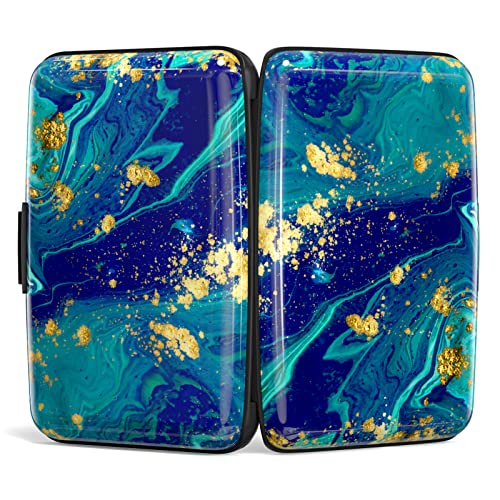 Image of Credit Card Holder, Mini Aluminum Card Wallet RFID Blocking Slim Metal Hard Card Case for Women Men, Blue Green Marbling