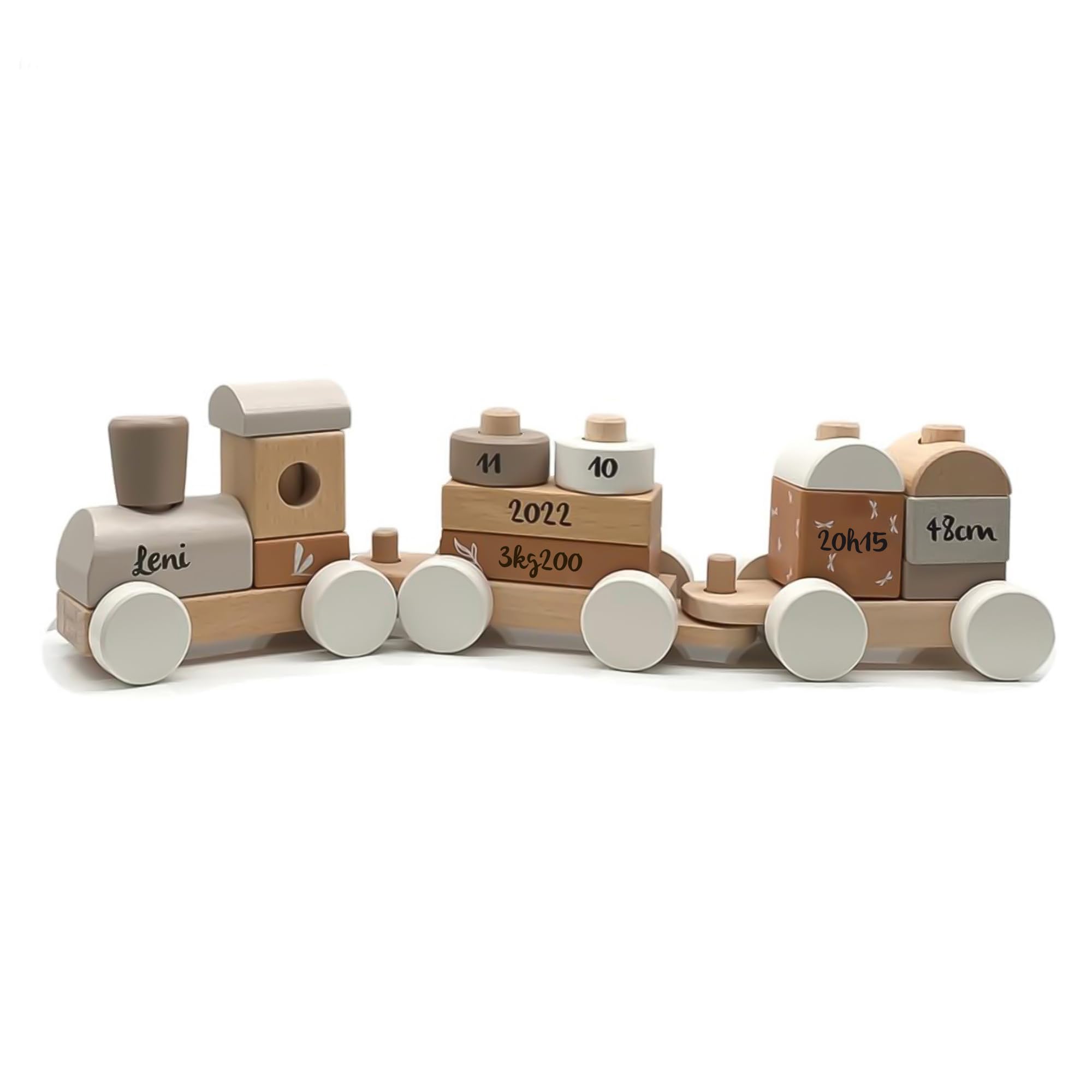 Personnalisable Train d’empilage en Bois (Nougat) – 14 pièces & hêtre FSC – motricité Fine & Formes – pour Enfants dès 18 Mois – personnalisé avec prénom & données de Naissance – Label Label