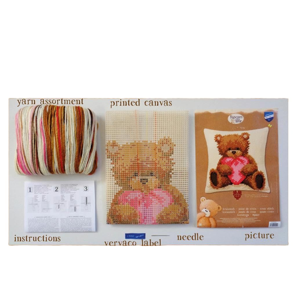 Vervaco Kreuzstich Stickpackungen Kissen Stickerei Set Anfänger Vorgedruckt Popcorn Ich Liebe Dich DIY Set Kreativ Set Für Erwachseneca. 40 x 40 cm Bastelset Handwerker Haus Dekoration