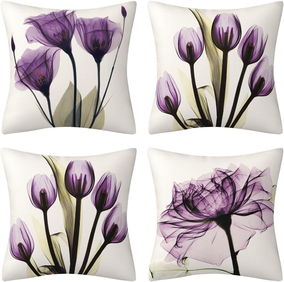 Cushion Cover 50 x 50 cm, Set of 4 Cushion Covers, Purple Tulip Art Flower, Decorative Cushion, Modern Sofa Cushion, Linen Cushion Cover, Decorative Cushion, Aesthetic Couch Cushion for Sofa,
