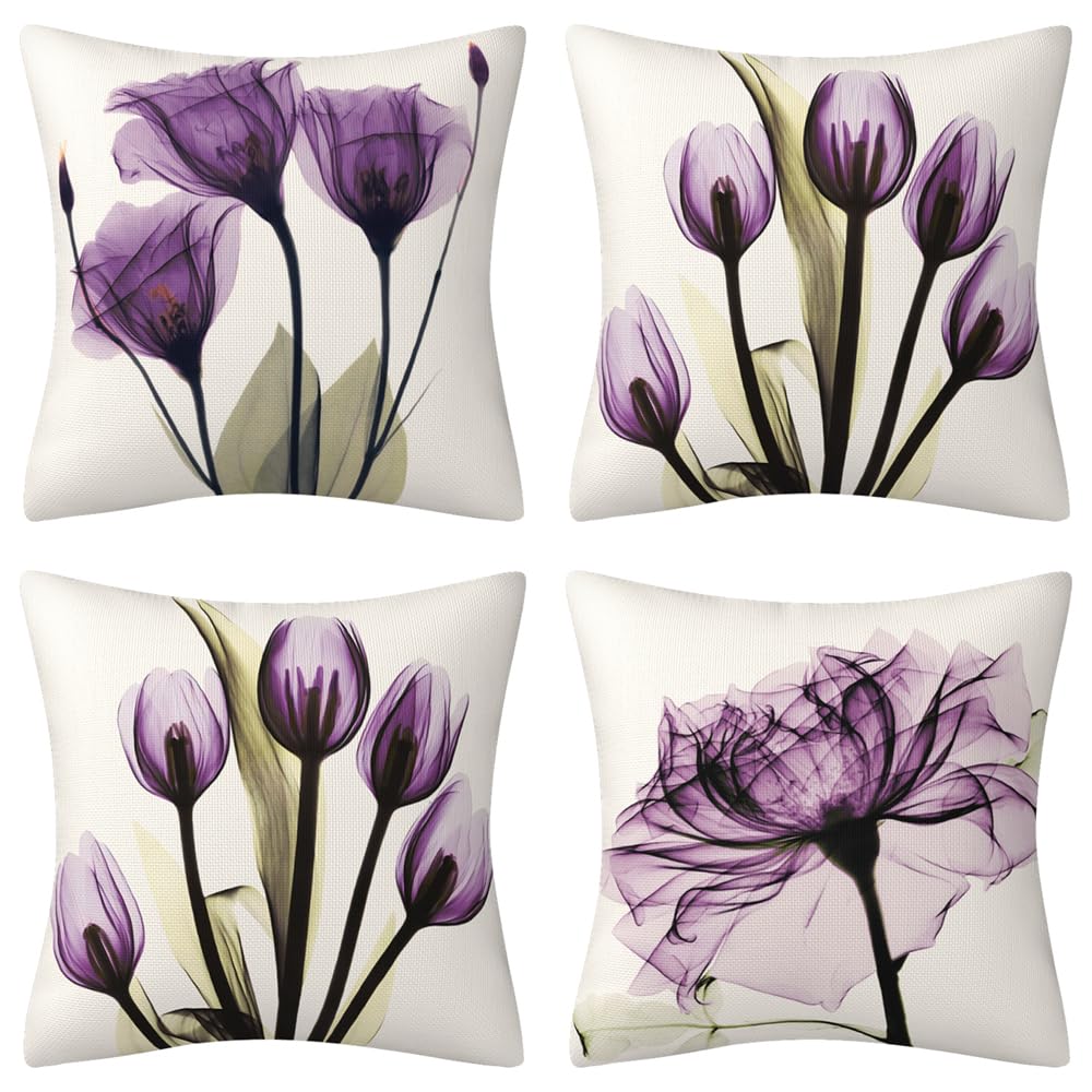 DILOXNSU Kissenbezug 50x50 4er Set Kissenbezüge Lila Tulpe Kunst Blume Dekokissen Modern Sofakissen Leinen Kissenhülle Deko Kissen Aesthetic Couchkissen für Sofa Wohnzimmer Zierkissen