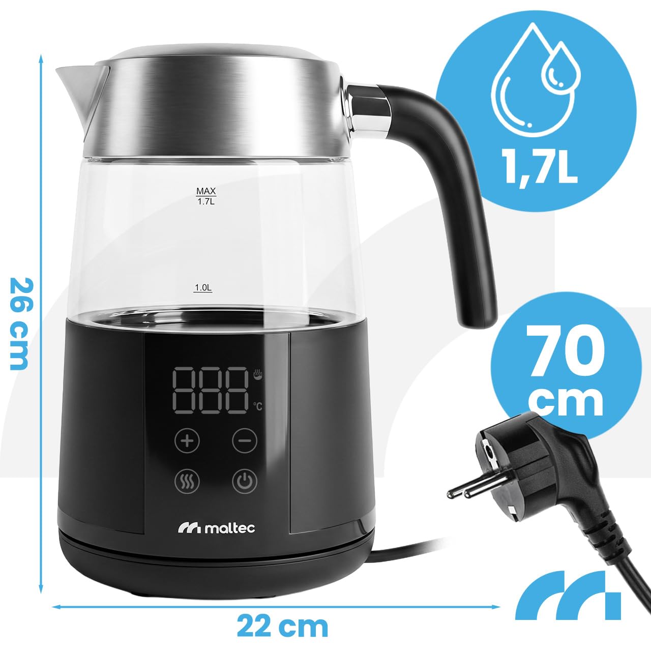 MalTec Hervidor de agua de cristal, 1,7 L, 2200 W, selección de temperatura, mantiene el calor | Control de temperatura, función de mantenimiento del calor, pantalla, vidrio de borosilicato, filtro de acero inoxidable