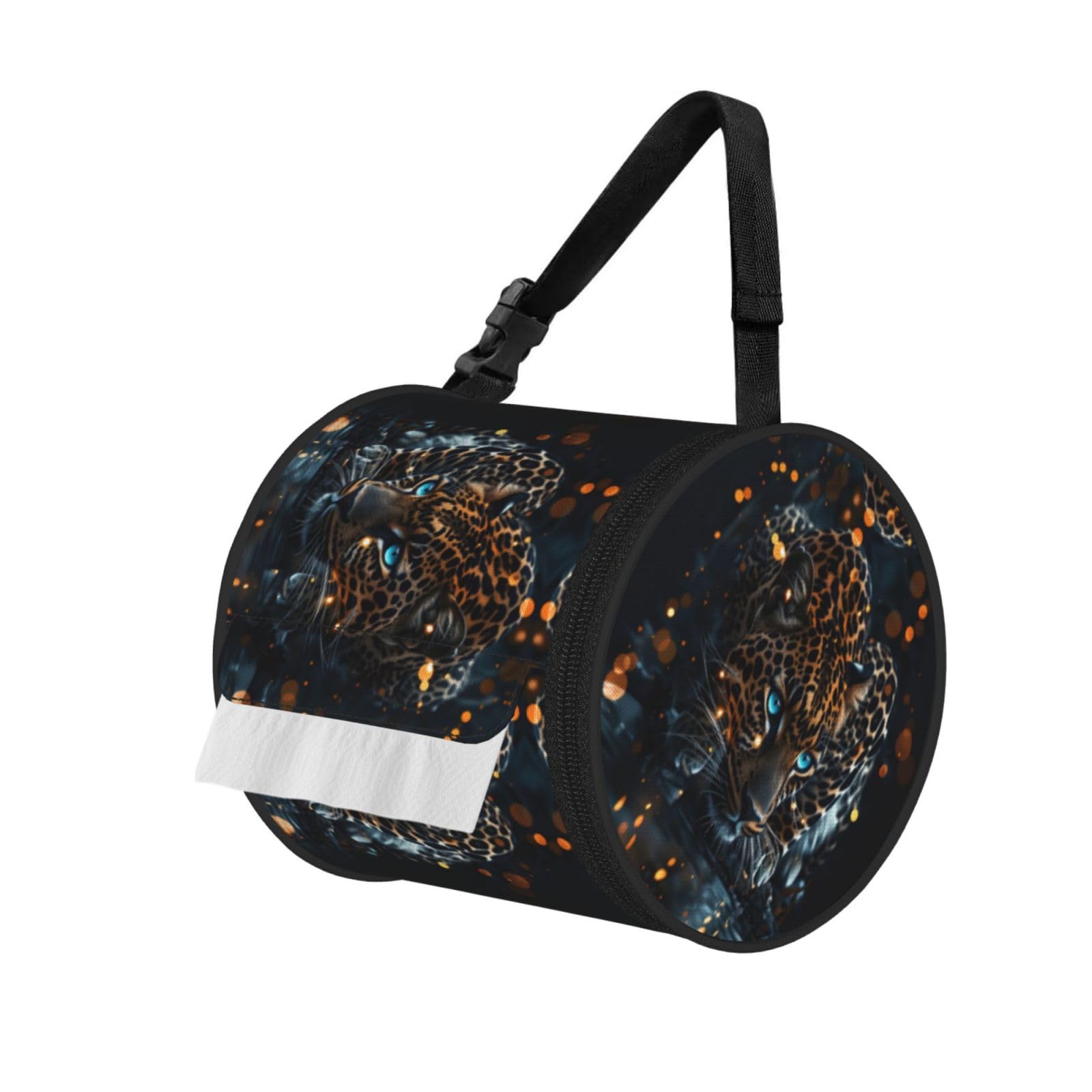 Leopard Print - Blue Eyes Print Round Tissue Dispenser Bag With Carry Strap, Portable Roll Holder For Car Travel Home