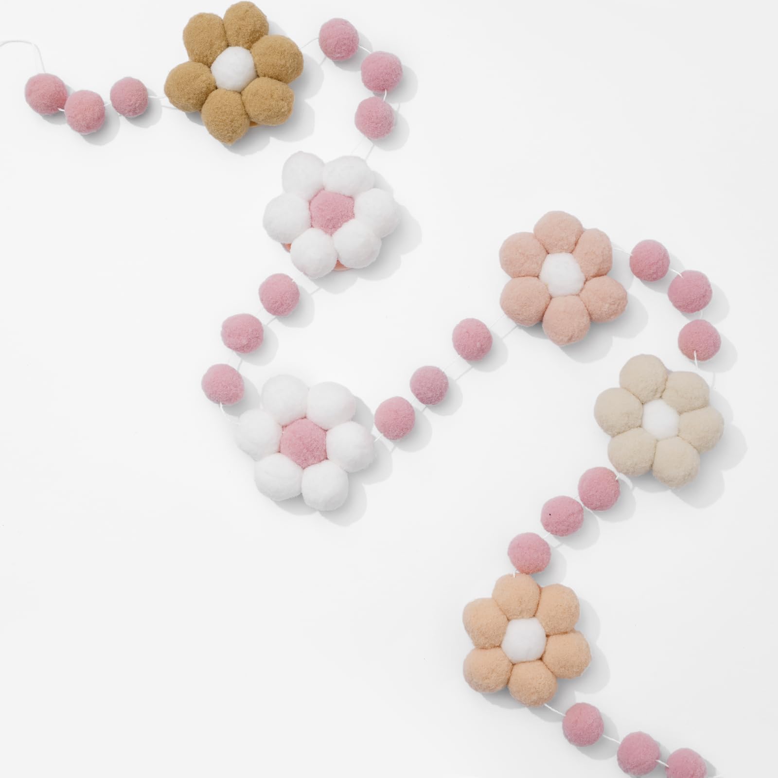 Whaline Groovy Retro Flower Felt Banner 3D Flower Pom Pom Balls Banner Boho Daisy Garland Pre-Assembled Spring Floral Bunting Garland for Party Supplies Home Hanging Decoration