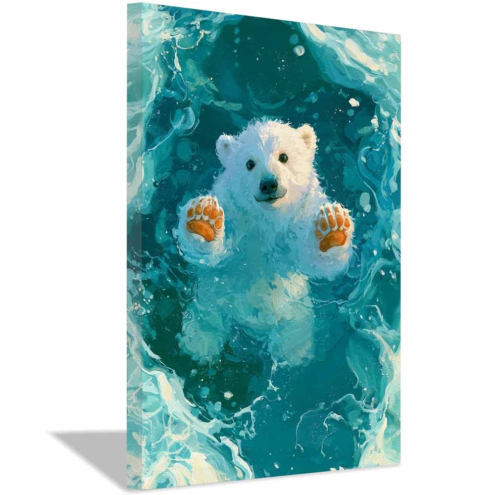 PUQAAEO Wall Art Painting Grizzly Bear Prints On Canvas Baby's Bear Turquoise Waves Animal Pictures Wall Art for Home Cabin Decoration Rustic Farmhouse Decor(Multicolor)-70x100cm Framed