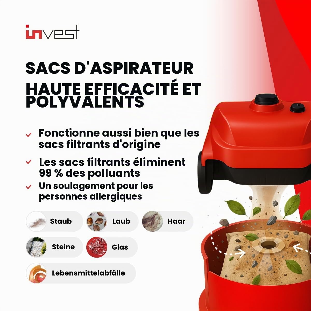 Invest - Lot de 10 sacs filtrants de rechange compatibles avec Bosch AdvancedVac 20, Bosch UniversalVac 15 - Blanc