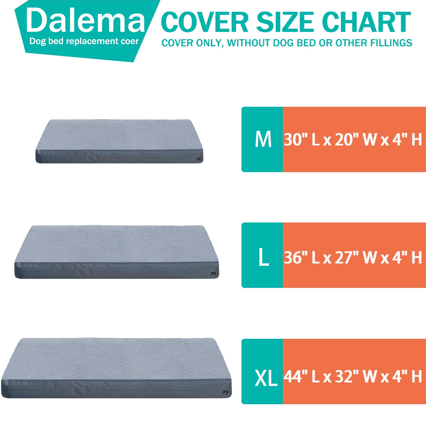 Dalema Dog Bed Cover 44L x 32W x 4H Inch,Heavy Duty Durable Waterproof Fluffy Soft Short Plush Replacement Dog Bed Covers,Washable Removable Pet Bed Mattress Cover with Zipper.Grey,Cover Only.