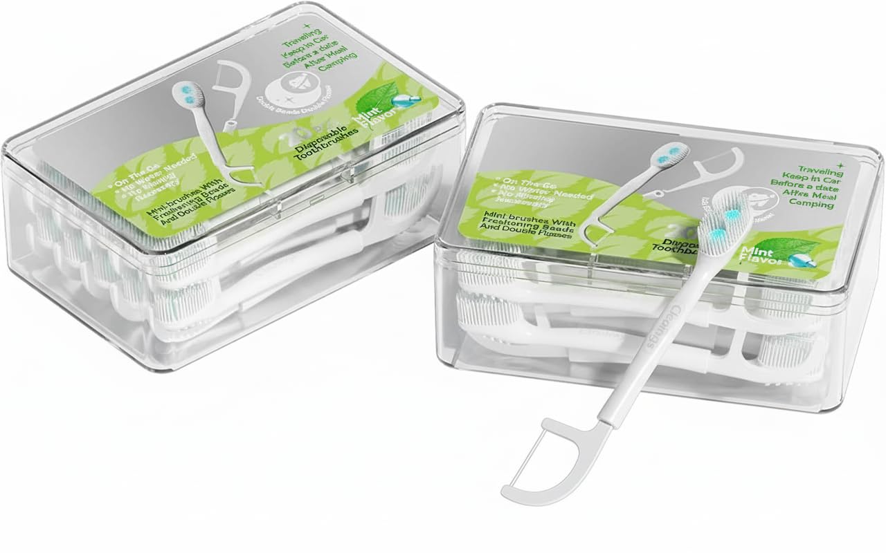 20 Pcs Disposable Toothbrushes with Double Cleaning Beads Toothpaste and Clean Floss Picks for Work or Travel (Mint Flavor)