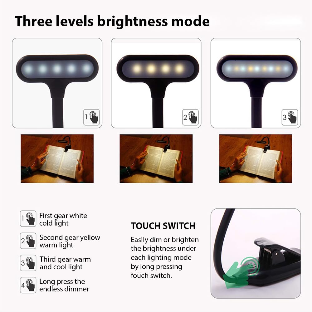 HUIOP Luz de partitura Musical Lámpara de Escritorio LED con Abrazadera Luz de Atril Profesional 3 Modos de Brillo Protección Ocular Lámpara portátil Recargable Ángulo de 360 Grados Ajustable para