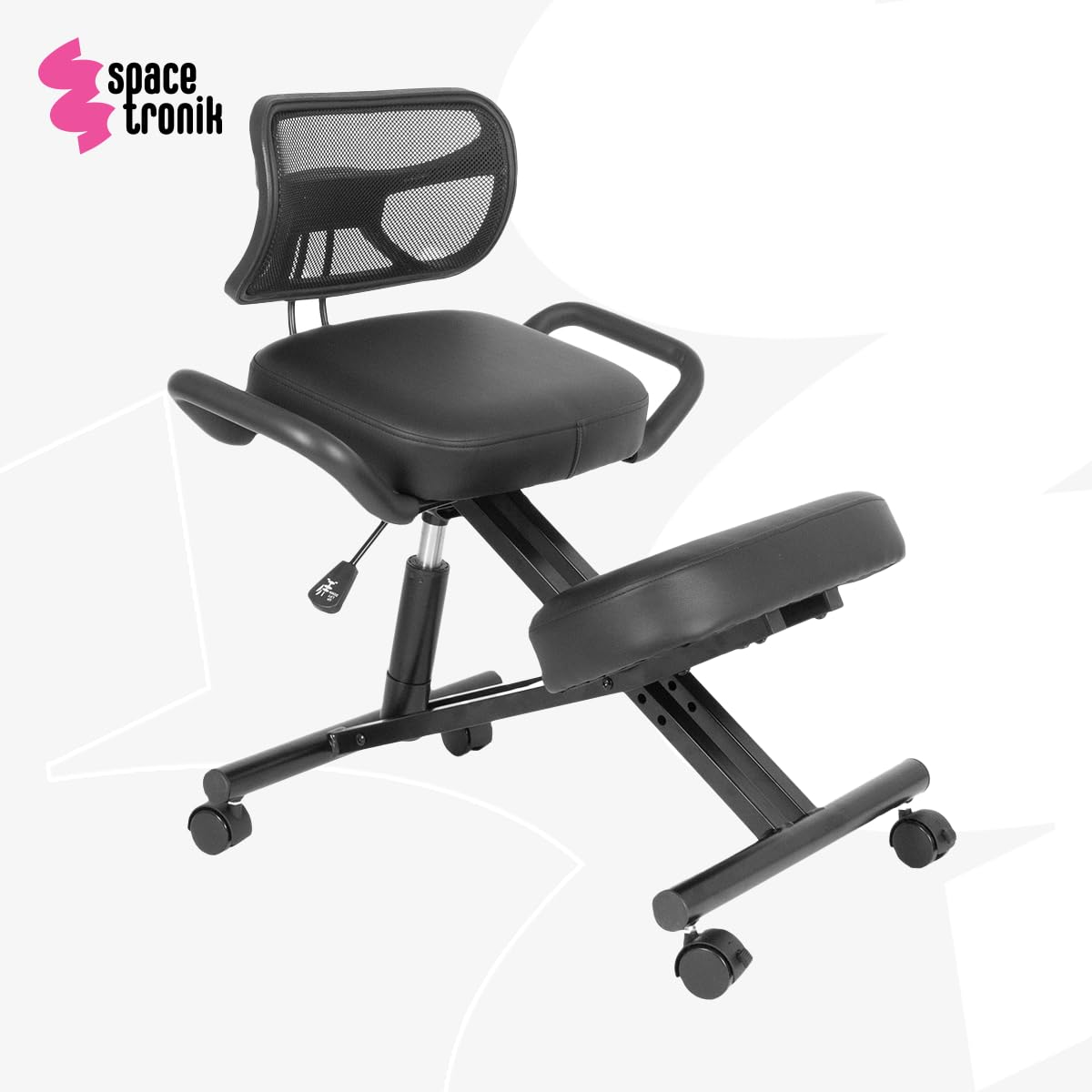 Spacetronik Kniestuhl Ergonomisch mit Rückenlehne, Kniehocker Höhenverstellbar 45–65 cm, Bürostuhl zur Korrektur der Sitzhaltung, Rollhocker für Büro & Home Office, Stahlrahmen bis 125 kg