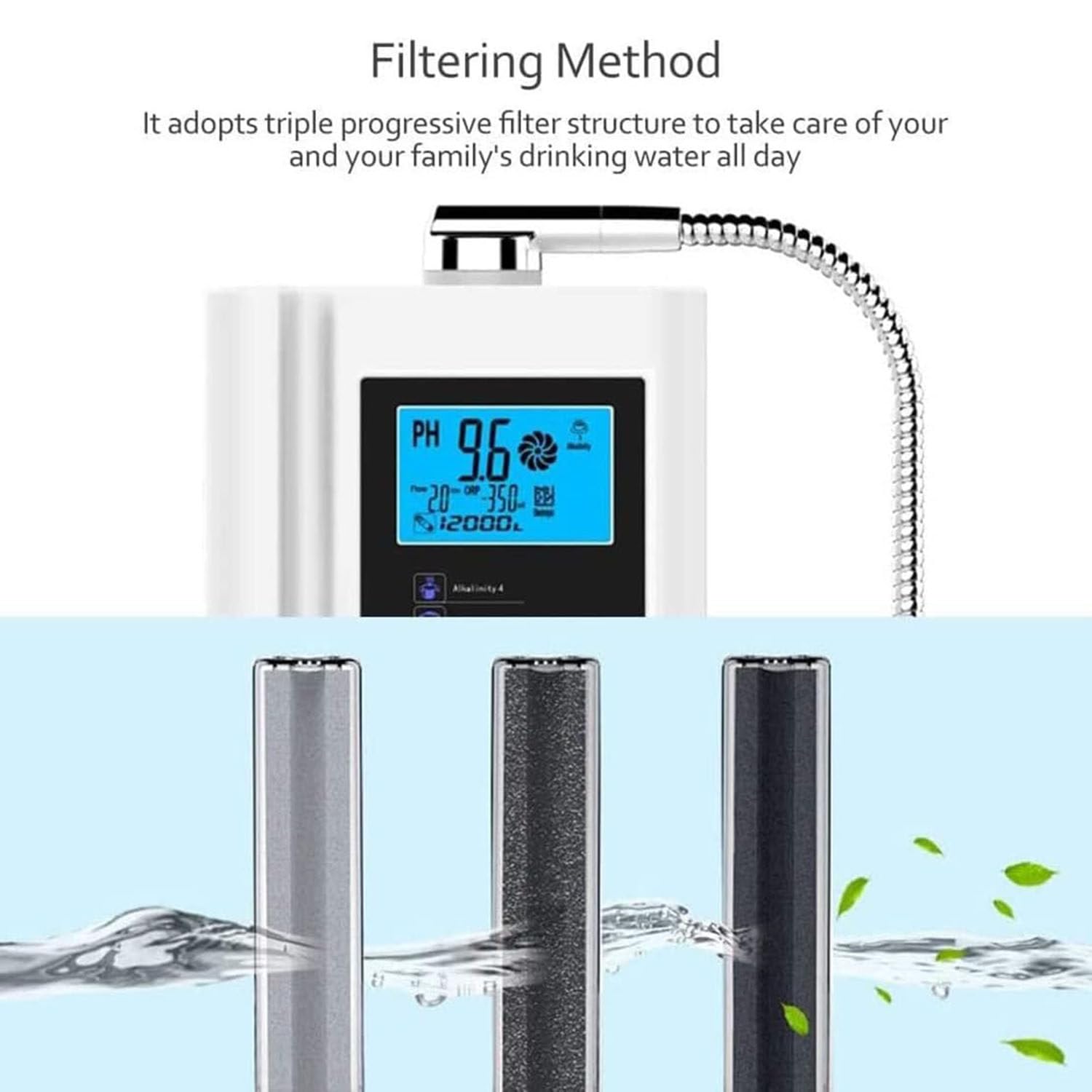 Ionizzatore d'Acqua alcalina PH3.5-10.5 Generatore di idrogeno Purificatore Macchina LCD da 3,8 Pollici Filtro per Acqua Potabile acida alcalina Domestica, con 8000 Litri per Filtro,Silver