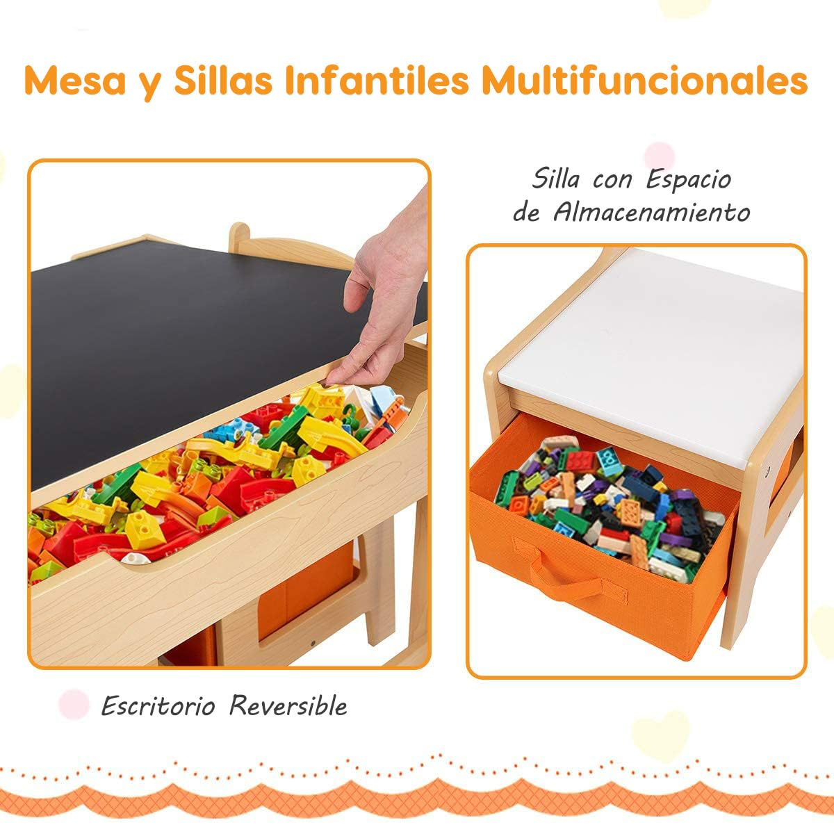 RELAX4LIFE 3 en 1 Juego de Mesa y Silla Infantil con Pizarra y Pizarra Blanca, Mesa Infantil con Sillas y 2 Cajas de Almacenamiento, Mesa Infantil Reversible para Guardería, Sala de Juegos (Naranja)