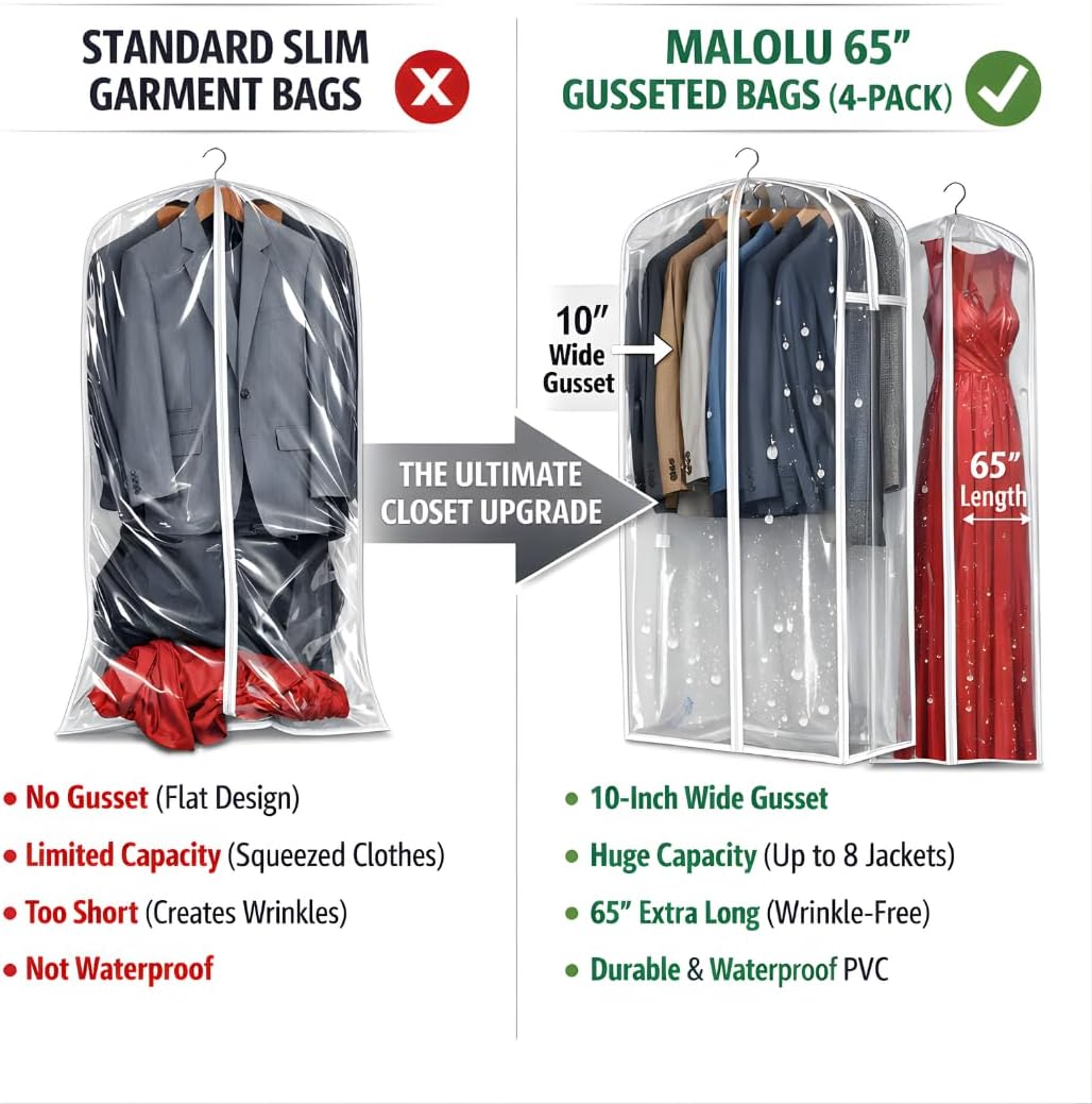 50inche Clear Garment Bags – 4 Pack Hanging Garment Bags for Closet Storage, Durable PVC with Single Zipper Puller, Transparent Clothes Cover for Suits, Dresses, Coats & More, Dustproof & Waterproof