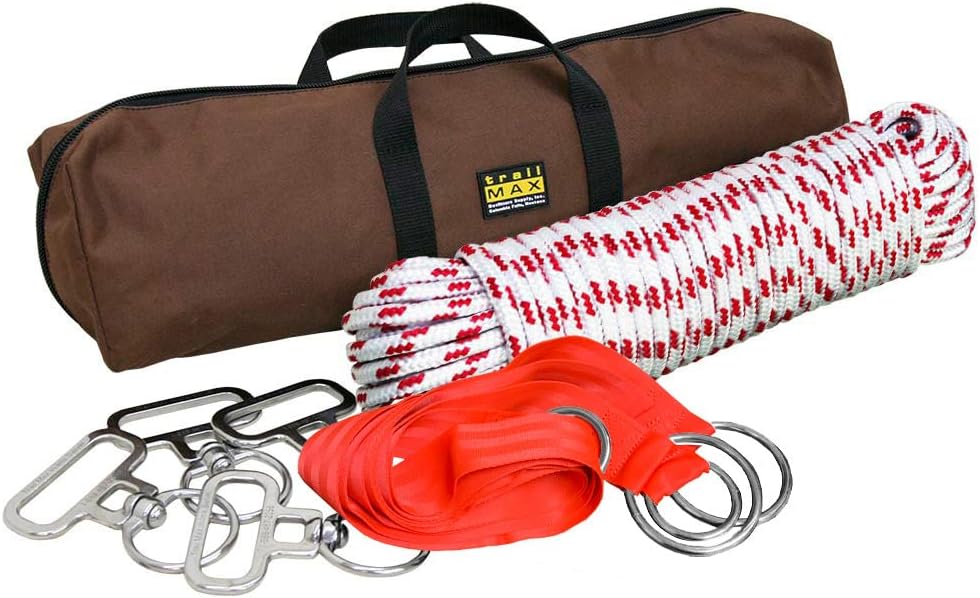 4-Horse Highline Kit, for Horse & Mule Packing, with 4 in-Line Swivels, 2 Tree Saver Straps, 100 Ft of 3/8" Highline Rope, Carry Case & Instructions Included