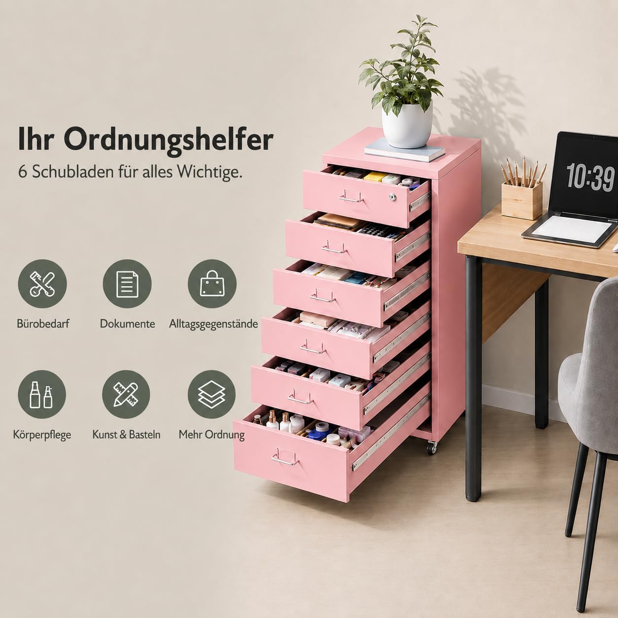 Armoire de bureau verrouillable - En métal - Avec tiroirs et 6 niveaux - Pour bureau - Rose
