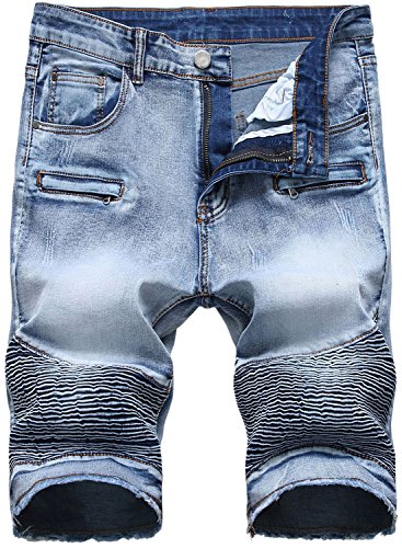 HENGAO Men's Straight Slim Fit Moto Biker Denim Jeans Shorts with Zipper Decoration, 1764 Grey Blue, W34