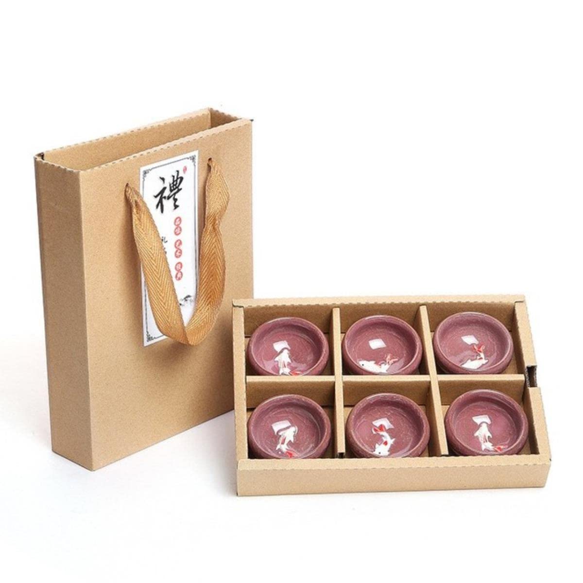 Taza de té de cerámica glaseada con hielo agrietado, taza de té de porcelana, utensilios de té, coloridos peces, creativos, 6 piezas, juego de té de Kung Fu con alivio de carpa, cuenco de té, púrpur
