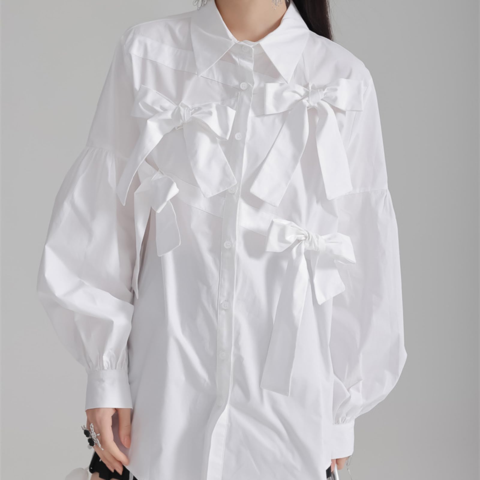 Camicia a maniche lunghe con fiocco da donna Risvolto Button Up Alla moda Sciolto Elegante Camicetta da ufficio Top