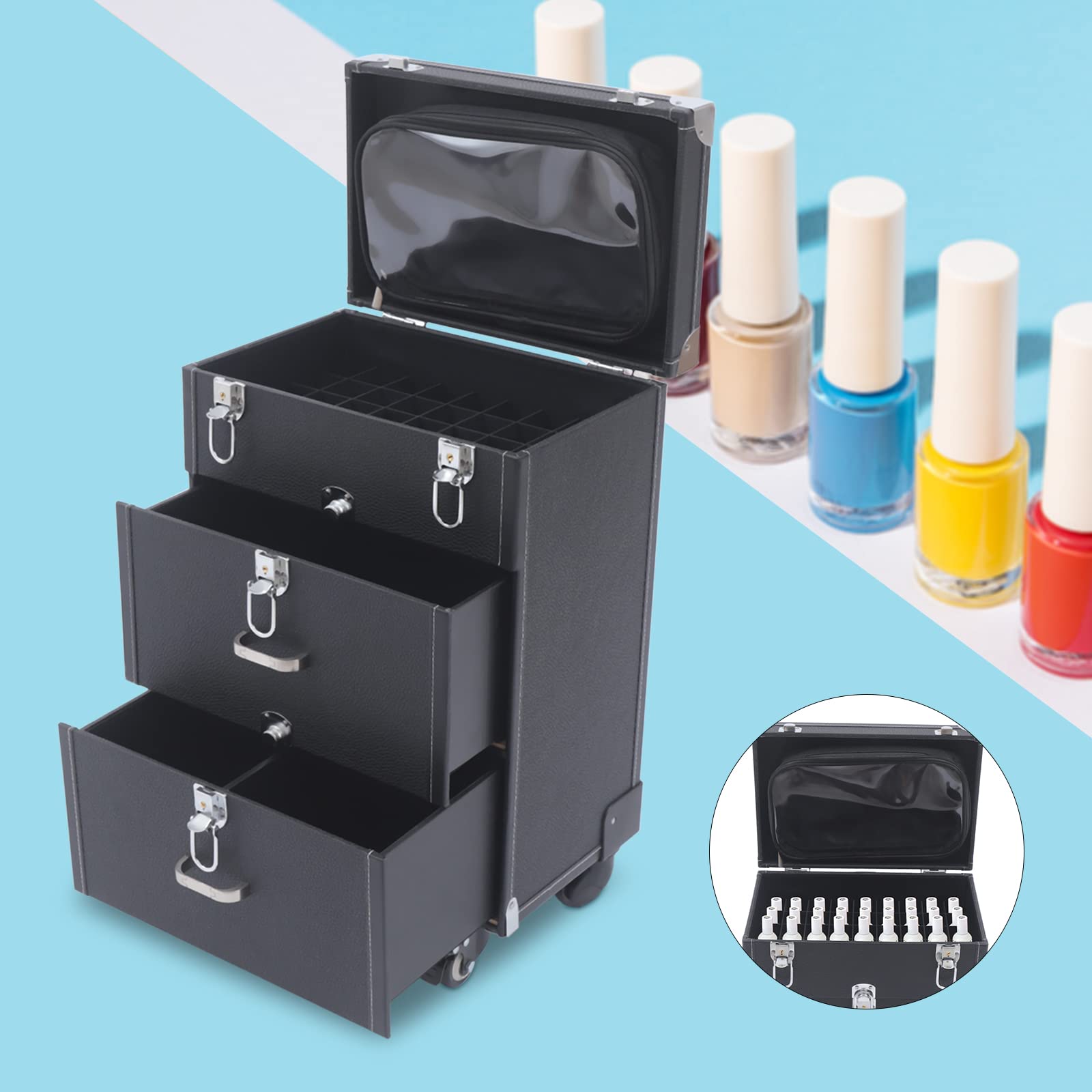 Carro de maquillaje, maletín con ruedas, organizador de esmalte de uñas, joyas de viaje, maletín de viaje cosmético con 4 ruedas, 03 piel sintética, maletín de maquillaje, adecuado para viajes