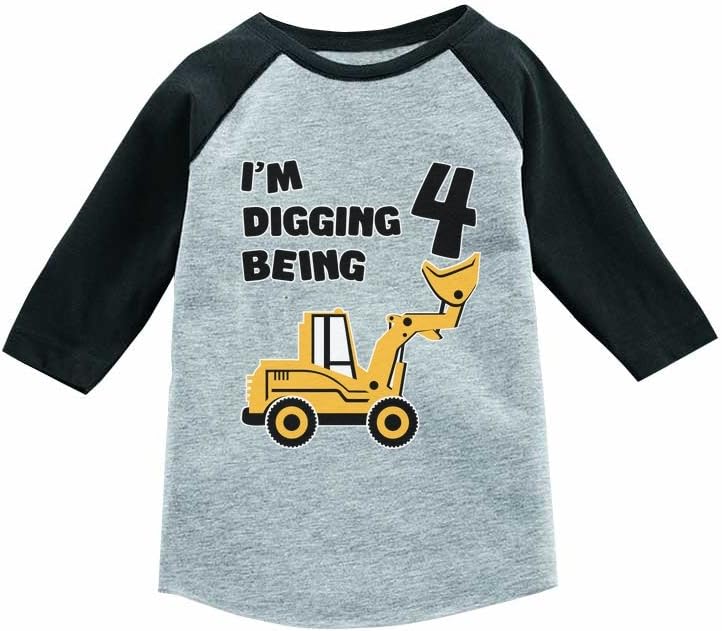 Tstars 4th Birthday 3/4 Sleeve Baseball Tee - Construction Truck I'm Digging Being 4 Shirt for Toddler Boys & Kids