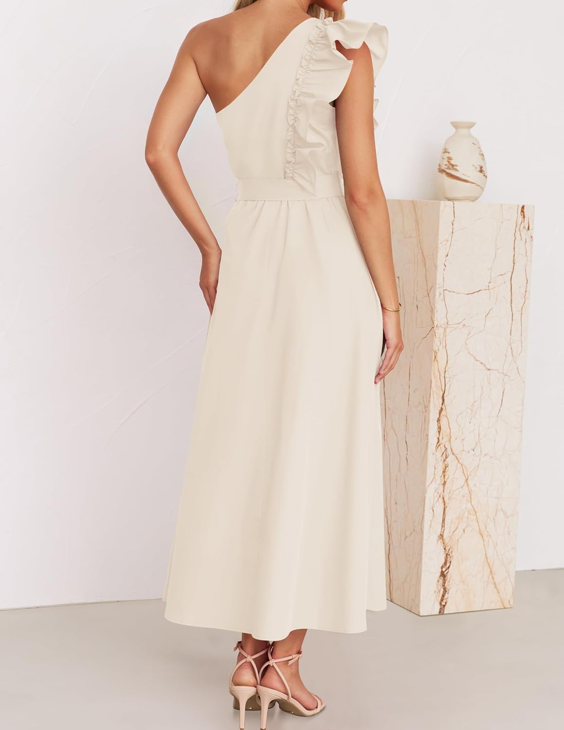 ZESICA Womens 2026 Summer One Shoulder Ruffle Maxi Dress Boho Sleeveless Empire Waist Tie Flowy Beach Party Long Dresses - Image 3