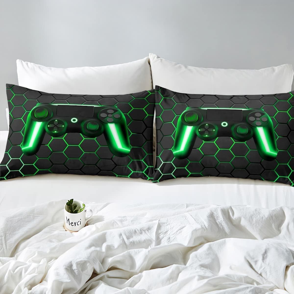 Geometric Gamer Duvet Cover Set Neon Lights Geometric Comforter Cover Honeycomb Gamepad Gaming Bedding Sets for Kids Teen Boys Beehive Hexagon Quilt Cover 3 Pieces King Size Grey Green… - Image 4
