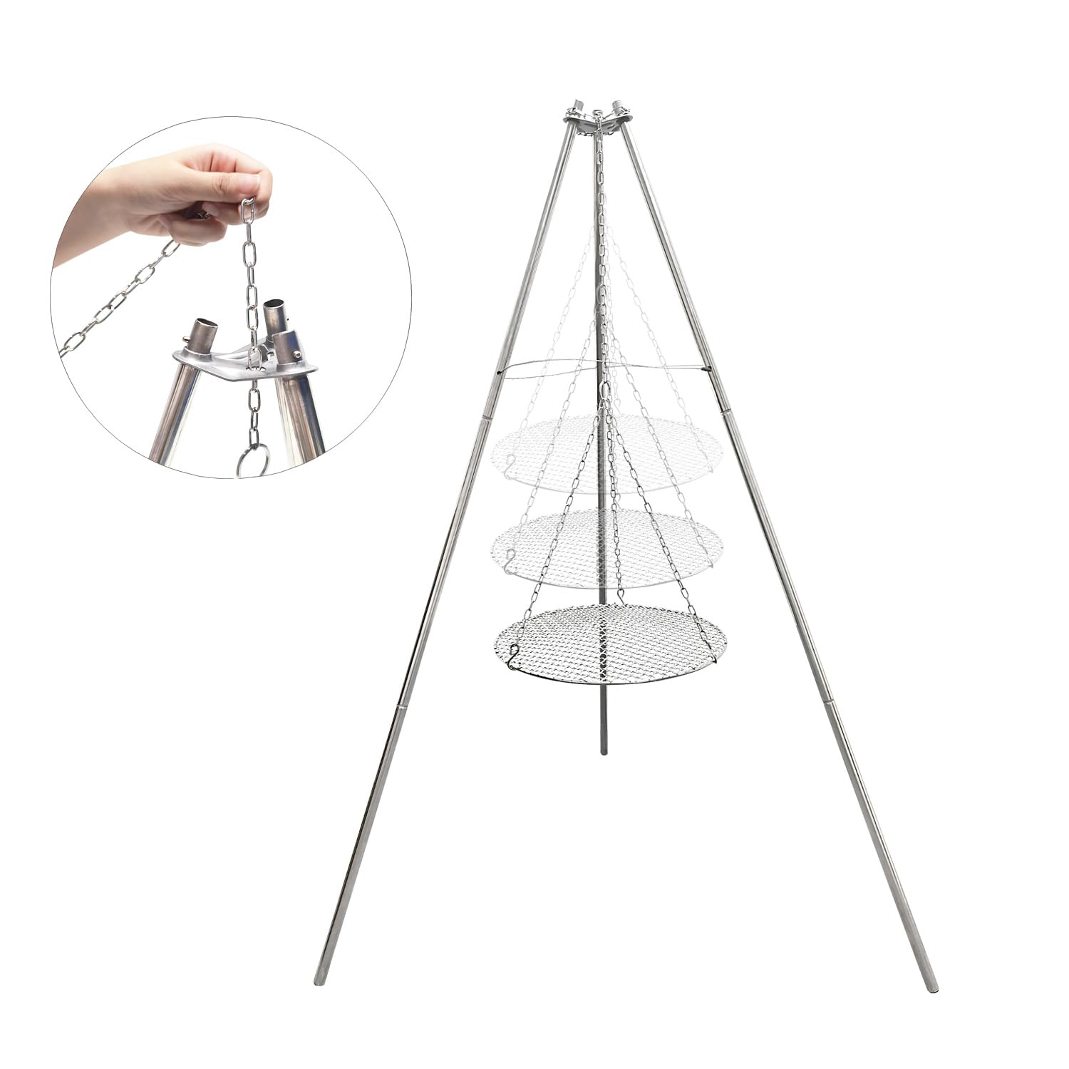 YBTMG Trípode de fuego de campamento para cocinar, parrilla de fuego de acero inoxidable con cadena ajustable para camping, senderismo, barbacoa