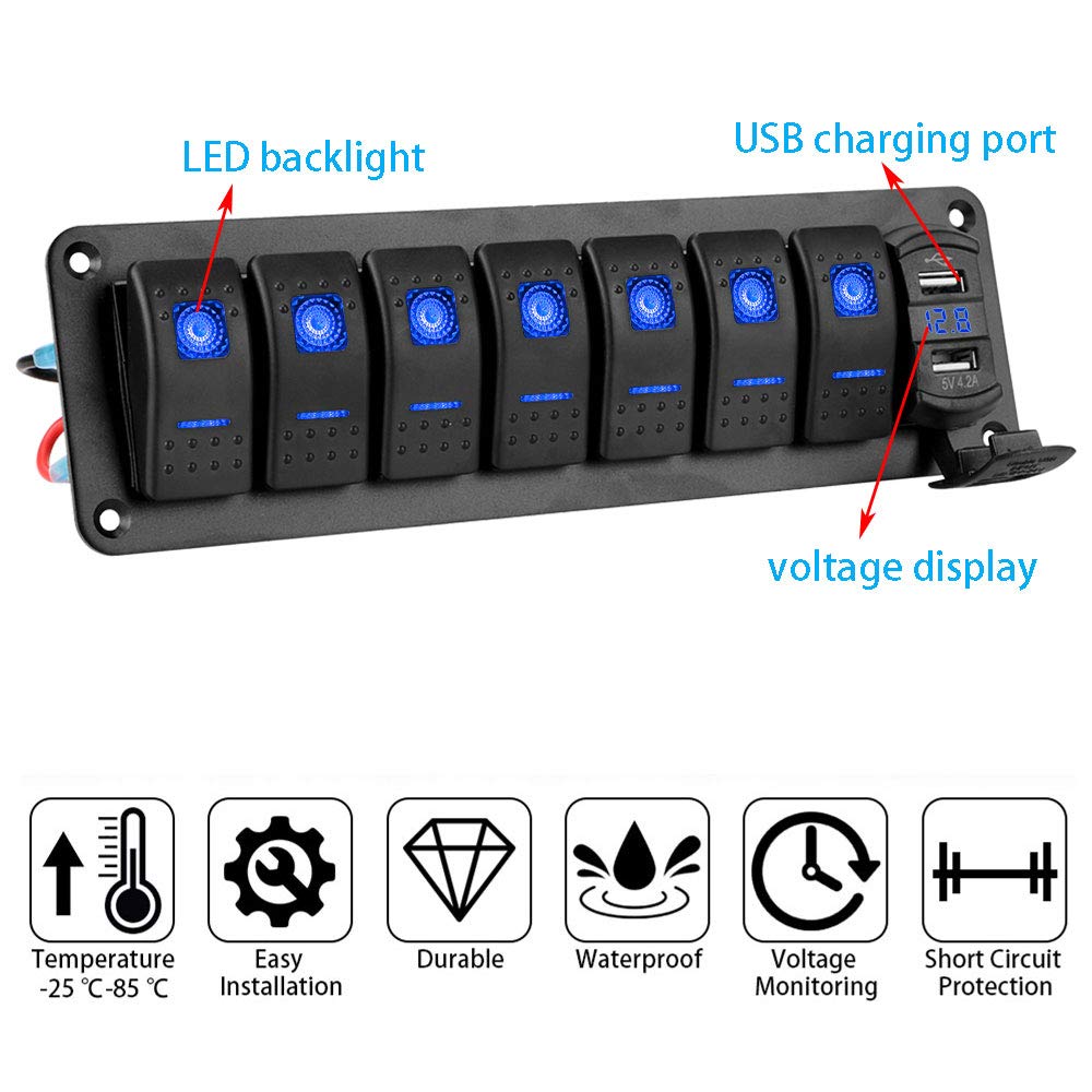 Riloer Panel de interruptor de combinación de 8 bandas, 12 V, 24 V, interruptor basculante cerrado impermeable con luz LED y pantalla de voltaje, cargador USB dual de 5 V 4,8 A