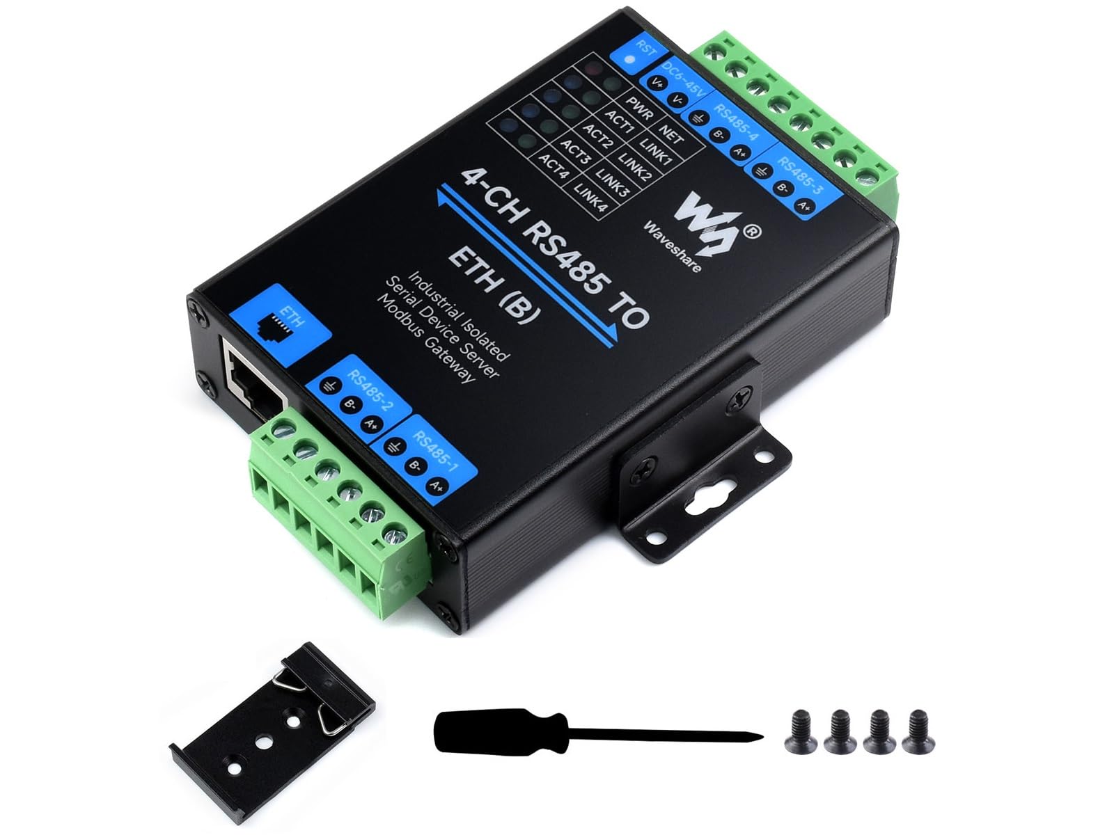 Waveshare 4-CH RS485 to RJ45 Ethernet Converter Module, Industrial Rail-Mount RS485 Serial Server, Modbus/MQTT/JSON Support,300~115200 BPS Baudrate,10 / 100M Auto-Negotiation RJ45 Connector