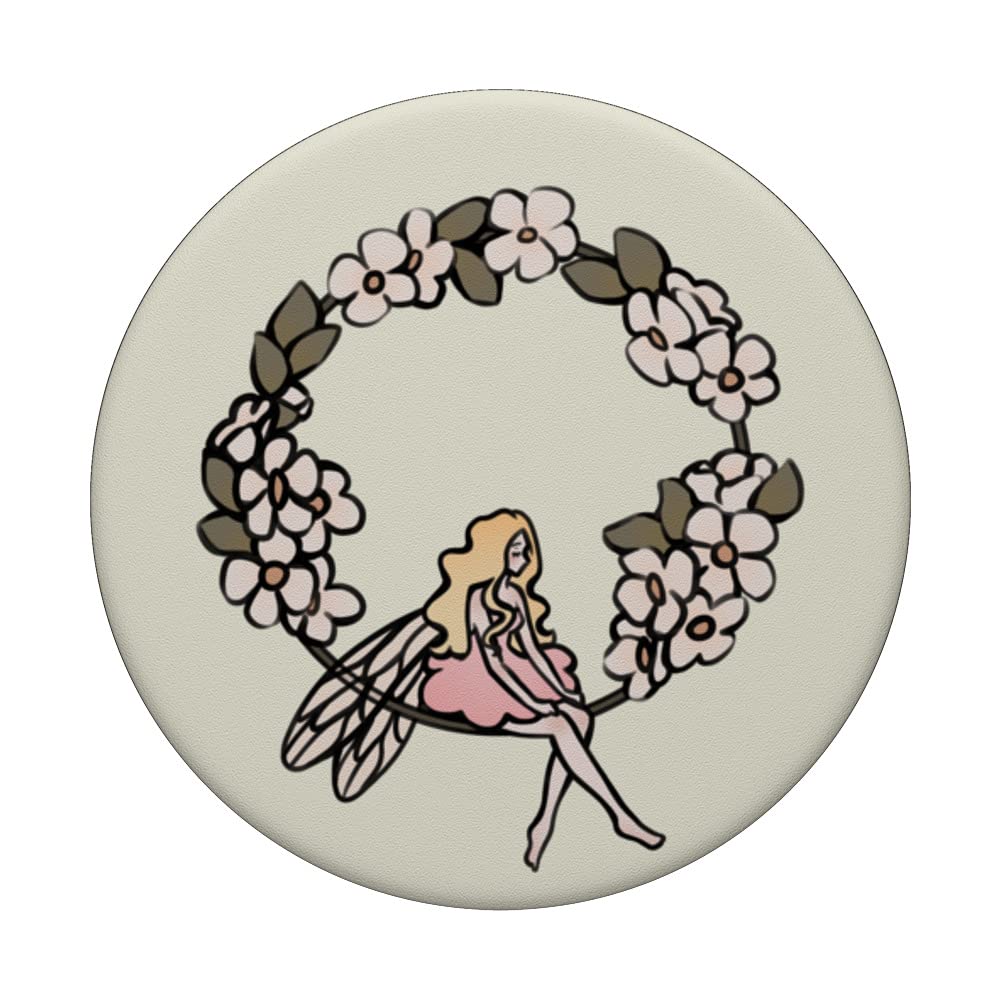 Coquette Fairy Sitting in Flower Wreath PopSockets Swappable PopGrip, Black - Image 3