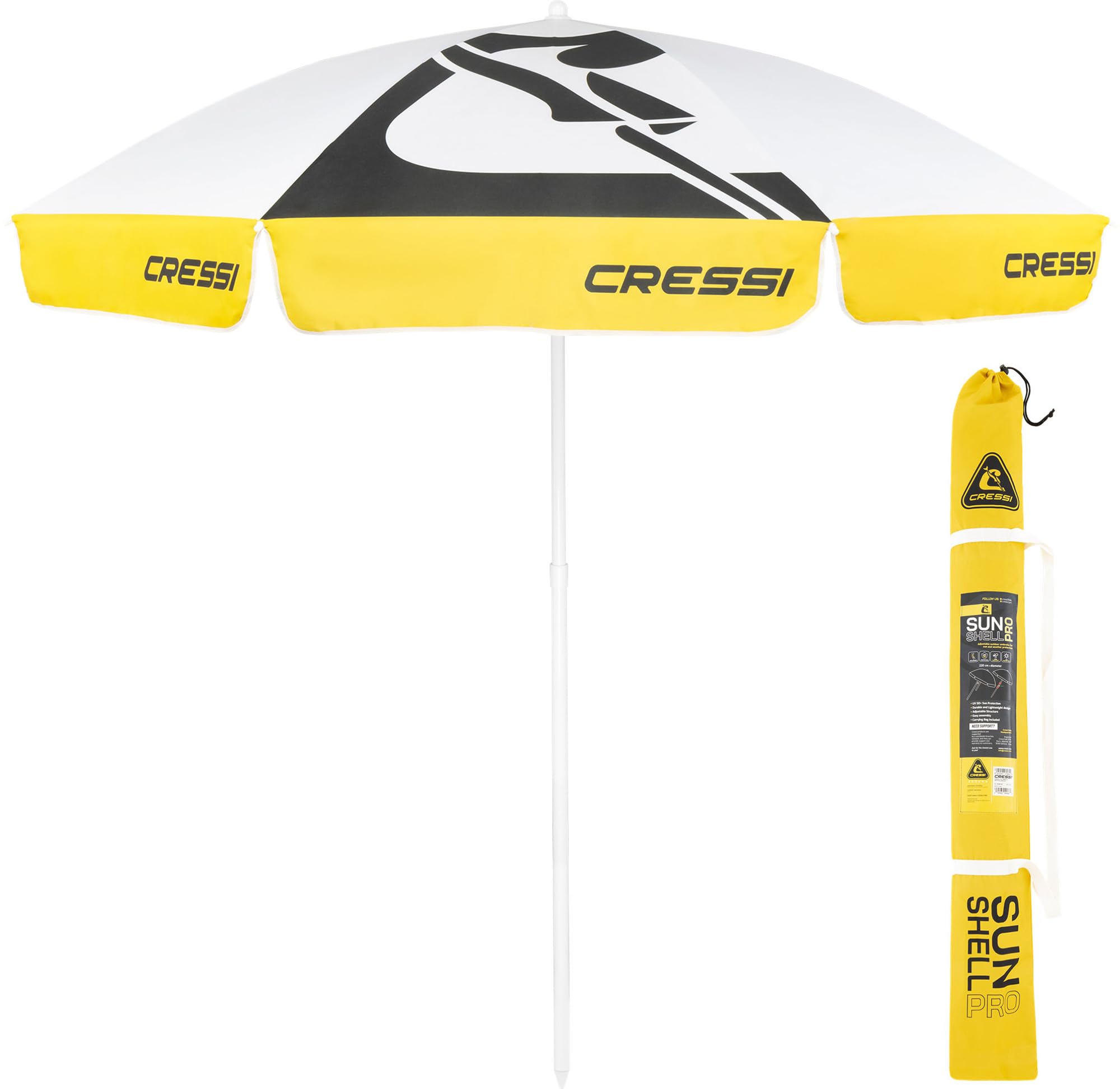 Cressi Sunshell Umbrella Parasol Pro White/Yellow/Black - Leichter und Tragbarer Sonnenschirm für den Außenbereich, zum Schutz vor Sonne und Wetter, Weiß/Gelb/Schwarz, Ø 220cm