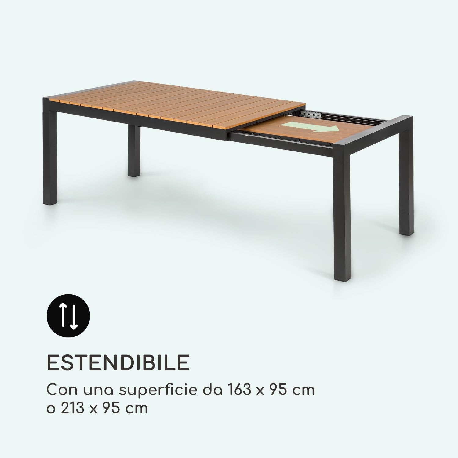blumfeldt Menorca Expand - Tavolo da giardino, allungabile, alluminio/plastica imitazione legno, verniciato a polvere, gambe regolabili, superficie del tavolo max. 213 x 95 cm, chiaro/teak