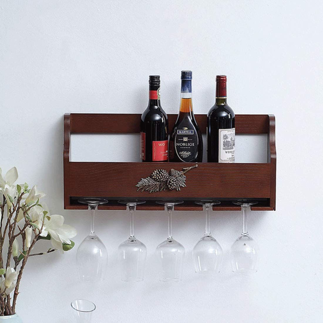 Porte-Bouteille Casseroles en Bois murales Suspendues Bouteilles de vin et Coupes en Verre de Champagne