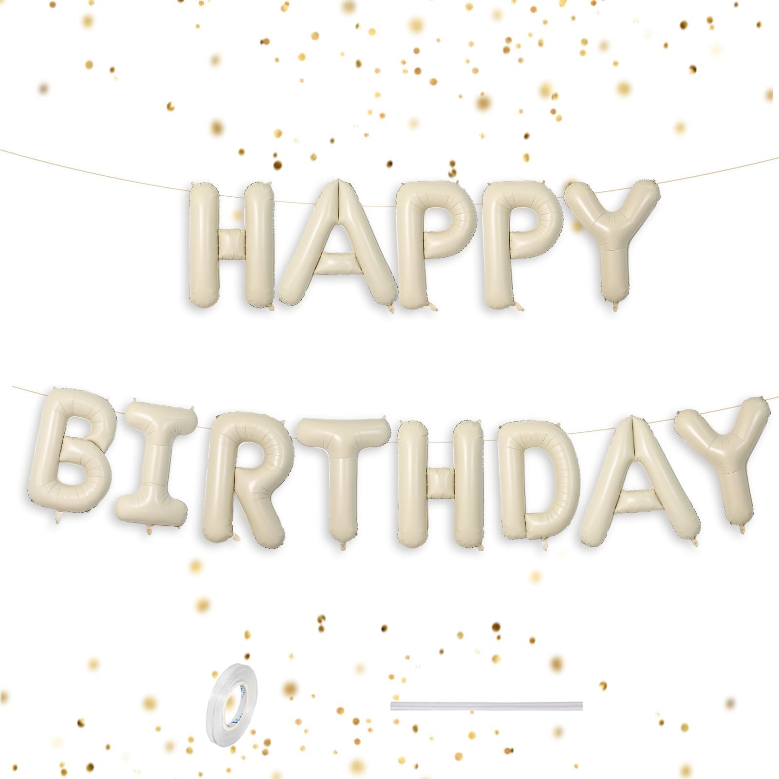 Cream Happy Birthday Balloons Banner, 16 Inch Foil Letters Birthday Sign Banner, Cream Reusable Balloons for Women, Men, Boys Girls Birthday