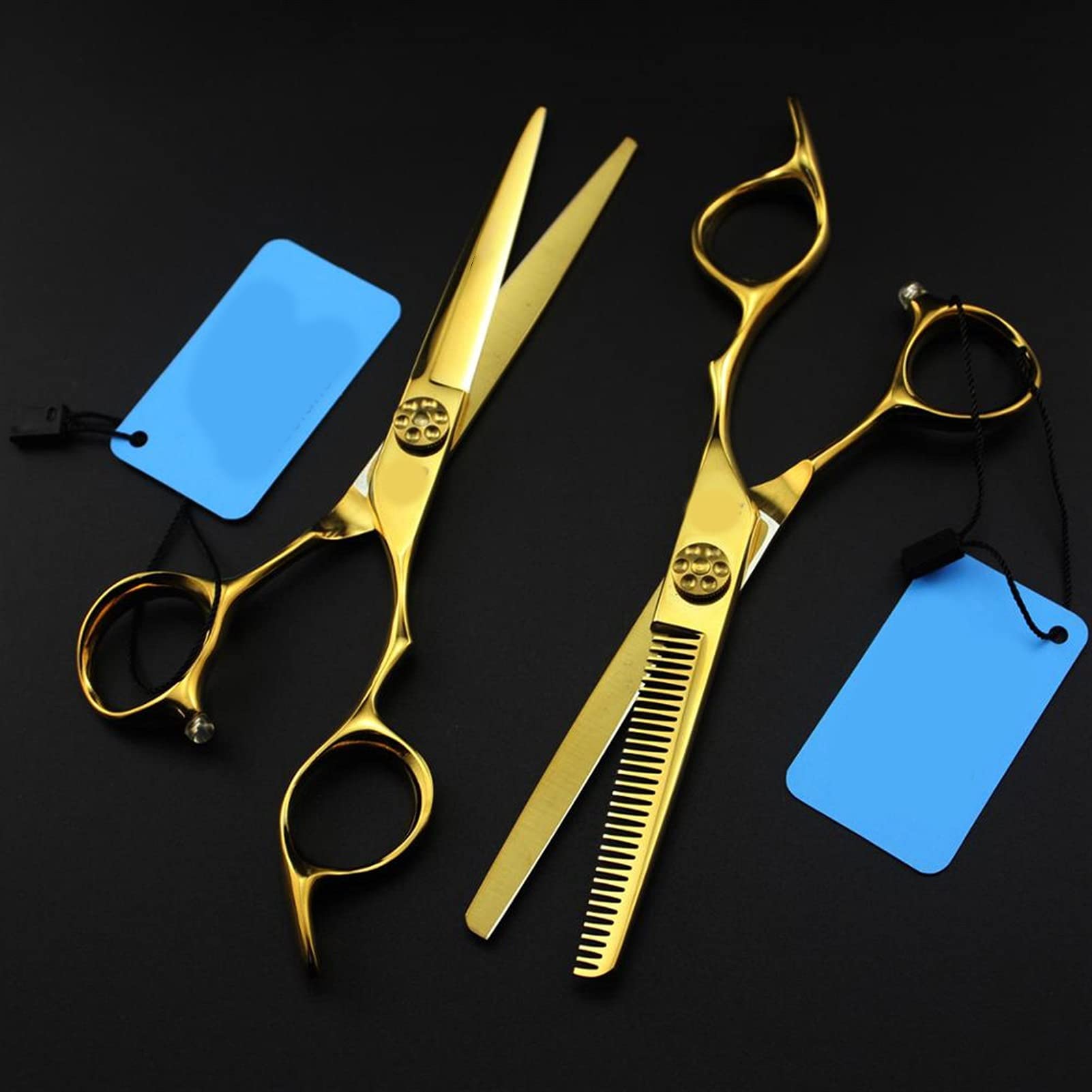 Tijeras de peluquería Profesionales Doradas, Juego de Tijeras pintadas para entresacar, barbero, Mango Grueso con Anillo Verde.