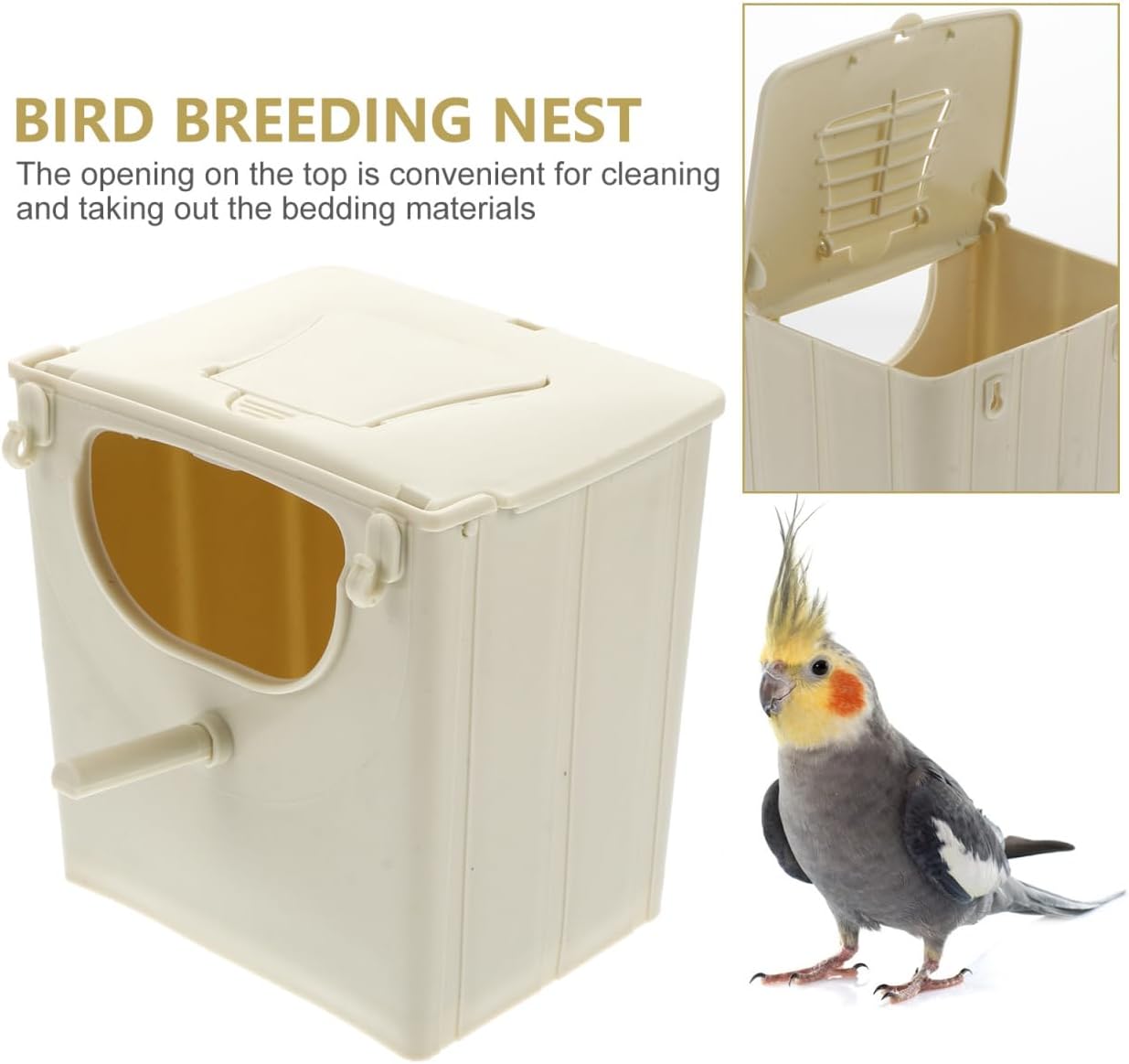 Mikikit Bird Breeding Box Plastic Nest with Hinged Lid for Cockatiels Parakeets and Lovebirds Cage Mounted Breeding Resting Box 5.11X5.11X3.93 Inches