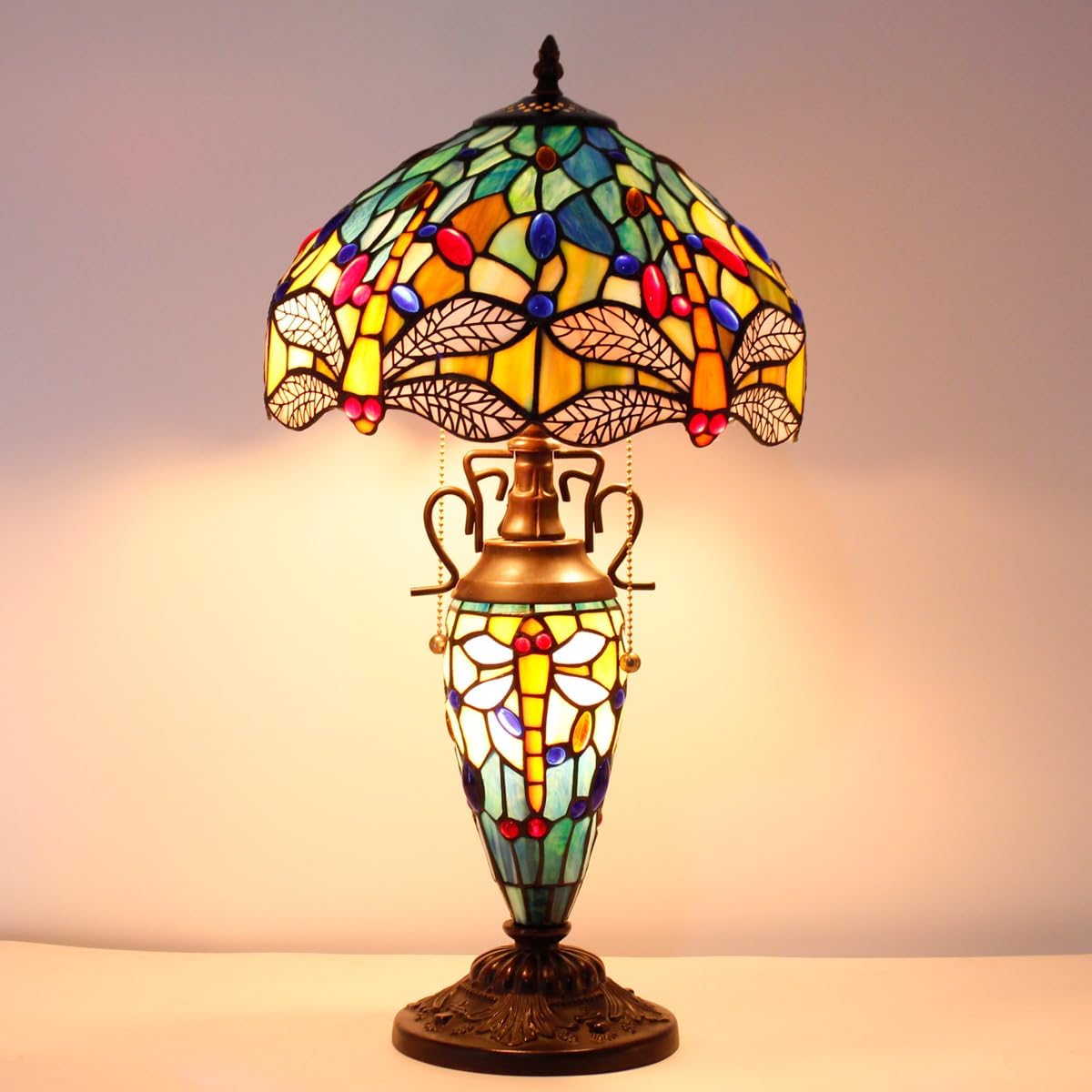 WERFACTORY Tiffany Style Table Lamp Sea Blue Yellow Stained Glass Dragonfly Lamp 12X12X22 Inches Mother-Daughter Vase Desk Light Decor Bedroom Living Room Home Office S128 Series