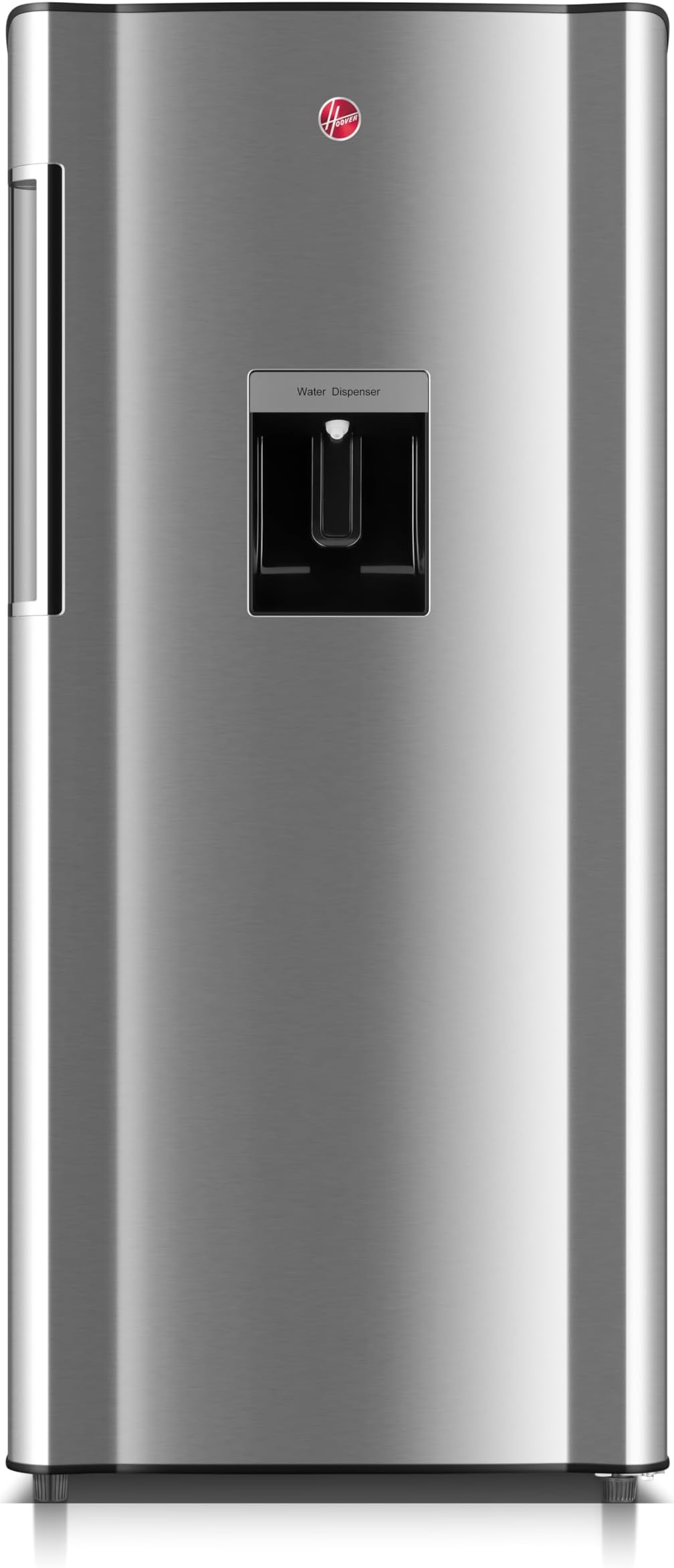 Hoover 195L Single Door Refrigerator With Water dispenser, Curved door design, Chiller Compartment, LED Lighting, Glass Shelves 1 Year Manufacturer Inox Finish – HSD-K195-S