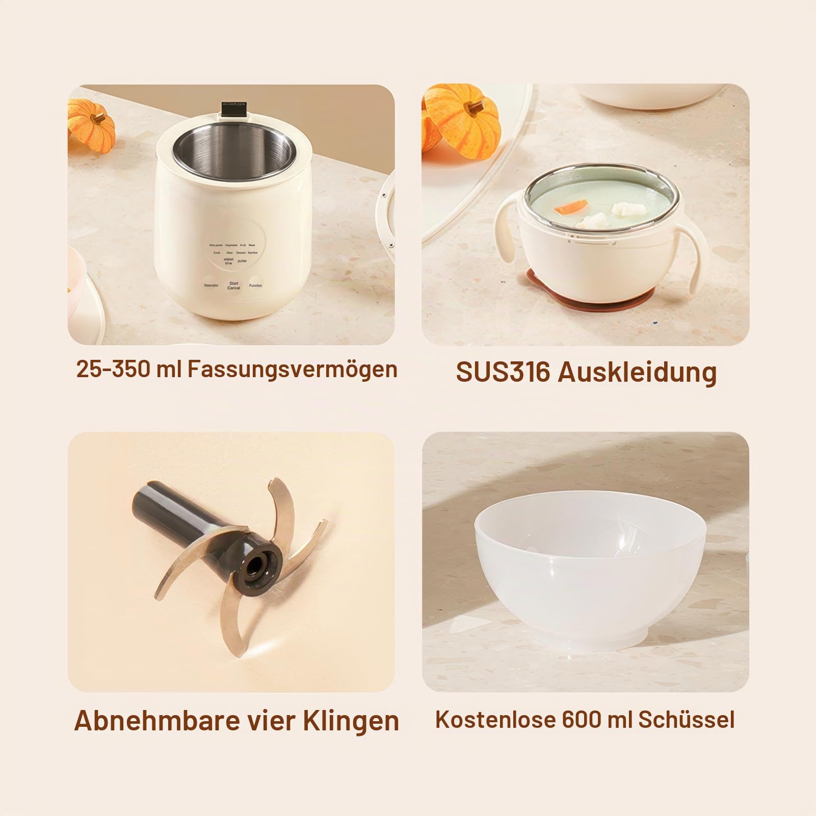 Multifunktionaler Babybrei Zubereiter, 4 in 1 Dampfgaren Mixen Aufwärmen Erwärmen aus 316 Edelstahl zur schnellen und gesunden Babybrei Zubereiter für Zuhause und Reisen 350 ml Fassungsvermögen